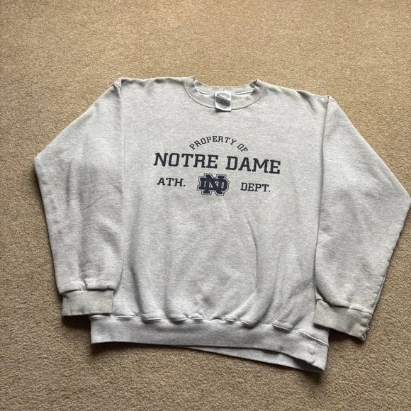 Vtg Notre Dame Crewneck Sweatshirt Large Heather Grey Fighting Irish Preppy - Picture 2 of 8